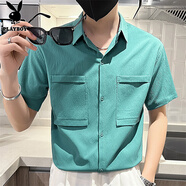 花花公子（PLAYBOY）短袖襯衫男2025夏季新款潮流時尚百搭t恤男士純色休閑簡約上衣男 湖藍(lán)色 Z-A236HHC7017 XL