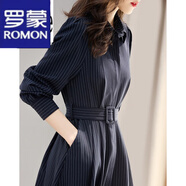 羅蒙（ROMON）女裝藍色條紋連衣裙女2023春秋新款深休閑簡(jiǎn)約通勤顯瘦氣質(zhì)裙子女 藏青色 M