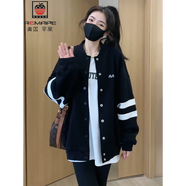 AEMAPE2025新款棒球服女春秋款設計感寬松中長(cháng)款時(shí)尚休閑開(kāi)衫外套女慵懶 黑色 XL (115-125斤拍)