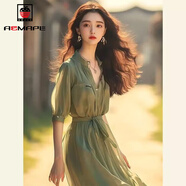AEMAPE新中式小立領(lǐng)2025新品長(cháng)裙超仙女薄荷曼波風(fēng)綠色雪紡連衣裙女夏季 綠色 S