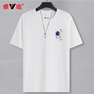 雅鹿重磅純棉短袖t恤男夏季新款寬松潮流半截袖體恤汗衫男圓領(lǐng)休閑T恤 白/藍(lán)宇航 XL （建議140-150斤高170-175）