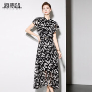海青藍(lán)時(shí)尚蝴蝶印花連衣裙女2024夏季新款立領(lǐng)洋氣收腰顯瘦中長(zhǎng)裙 黑色 L