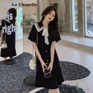 拉夏貝爾（La Chapelle）小眾絕美娃娃領(lǐng)連衣裙女夏2025新款好看獨(dú)特漂亮寬松雪紡裙子 藏青色 送絲帶 M 106-120斤