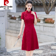 皮爾卡丹高考旗袍紅色連衣裙女夏季新款喜婆婆媽m媽裝婚宴婚禮大擺彈力裙 2403#紅色 L