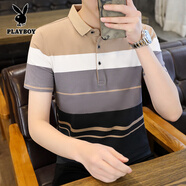 花花公子（PLAYBOY）純棉短袖男士t恤2025夏季新款條紋潮牌翻領(lǐng)薄款青年半袖體恤男裝 2339中杏 M