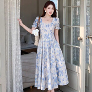 HUALIN FASHION法式藍(lán)碎花連衣裙大碼顯瘦夏季高腰設(shè)計(jì)女性 法式藍(lán)色油畫碎花連衣裙(網(wǎng)紅) S 建議【80-95斤】