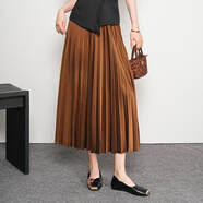 歐潤娜白色百褶半身裙女春夏氣質(zhì)名媛高腰中長(cháng)款a字裙遮胯顯瘦大擺傘裙 焦糖色 S 80-95