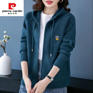 皮爾卡丹（pierre cardin）春秋新款針織開衫上衣女連帽加厚毛衣外套寬松時尚百搭外穿針織衫 深天藍(lán) M