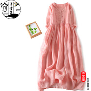 弄堂里2025夏季新款刺繡森女日系文藝寬松中袖雙層A字連衣裙長(cháng)裙大擺裙 粉色 M 【建議90-110斤】