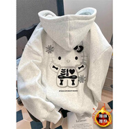 魯雅爾 日系慵懶風(fēng)kitty貓連帽衛(wèi)衣女春秋季保暖上衣服復(fù)古休閑寬松外套 白灰色加絨 L 【建議100斤到120斤】