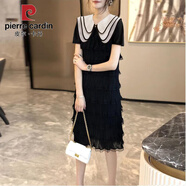 皮爾卡丹（PIERRE CARDIN）娃娃領(lǐng)連衣裙夏裝歐洲站2025新款黑色寬松顯瘦中長(zhǎng)款過膝蛋糕裙 黑色 S 建議98斤以下