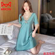貓人（MiiOW）真絲睡衣女士夏天連衣裙桑蠶絲睡裙女性感蕾絲涼感薄款大碼家居服 松石綠睡裙女 XL 170