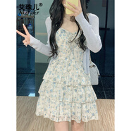 艾珠兒（Aizhuer）藍色碎花吊帶連衣裙女夏季2025新款蛋糕裙小個子雪紡短裙兩件套裝 藍色碎花裙+藍色開衫 S
