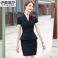 伊雅露莎微彈小西裝女短袖夏季職業(yè)套裝修身顯瘦面試正裝套裙西服女2828 單件黑色西裝 M