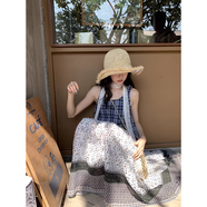 以歐（YIOU）復古風格紋無袖吊帶背心女2025慵懶風法式小眾套裝8394 藏藍上衣(含絲帶)+半身裙 M