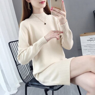 FHHUABD加絨/不加絨毛衣女中長(zhǎng)款寬松套頭秋冬季韓版純色百搭針織打底衫 米白色 XL  建議115-130斤
