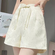 伊離姿新中式提花冰絲緞面休閑短褲女夏季薄款盤(pán)扣高腰顯瘦a字闊腿熱褲 米白色（高定優(yōu)質(zhì)版） M 建議96-108斤