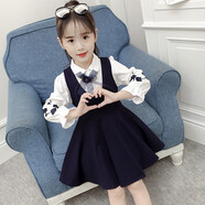 森葩童裝女童套裝春裝新品2022新款兒童韓版襯衫連衣裙子洋氣兩件套裙春秋中大童女裝時髦女孩衣服潮 藍色 150(建議身高145左右)