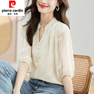皮爾卡丹（pierre cardin）真絲長(zhǎng)袖襯衫女春秋季新款小個(gè)子時(shí)尚洋氣小衫高端桑蠶絲上衣顯瘦 杏色 L 建議體重105-120斤
