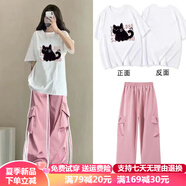 湯靈鼠女童夏裝套裝新款初中生休閑短袖工裝褲兩件套女大童夏季女孩衣服 -107白色上衣+粉工裝褲【套裝】 160 【建議90-100斤】