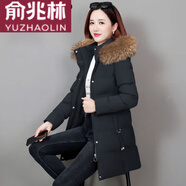 俞兆林（YUZHAOLIN）品牌高端冬季加絨外套羽絨棉服女中長(cháng)款棉衣中年顯瘦冬季棉襖女 【棉服】黑色搭配駝色毛領(lǐng)（新年紅紅火火） M 建議80-95斤（新年紅紅火火）