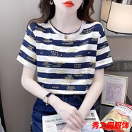 范哲莎2025年韓版短袖t恤衫新款條紋夏季半袖體恤女士裝洋氣寬松上衣服 藍(lán)色8905-3/款面料 XL 建議115-130斤