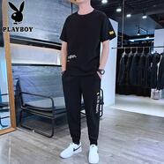 花花公子（PLAYBOY）品牌高端夏季短袖冰絲套裝男裝一套搭配痞帥氣潮韓版男士休閑T恤 C-2855黑色 M