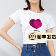 幻黛短袖t恤女夏季女裝棉白色打底衫品牌純色女士短袖新款印花白t恤女 白色款-大桃心印花 L 【建議100-110斤】