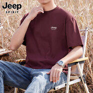 JEEP SPIRIT吉普純色t恤男短袖重磅半袖純色2025新款夏季寬松體恤衫上衣服潮 楓葉紅色 XL 【建議體重140-160斤】