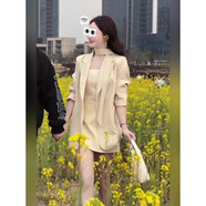 為柔2025春新款韓版顯瘦氣質(zhì)寬松西裝外套女小個(gè)子短款吊帶連衣裙套裝 奶黃色套裝 2XL 115-130斤