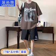 藍品閣100%純棉短袖T恤短褲運動(dòng)套裝夏季12-21歲青少年學(xué)生裝寬松全棉 卡其色 套裝(T恤+五分褲)T557 4XL 身高180-190cm180-205斤