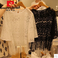皮爾卡丹春夏韓版大尺碼流蘇蕾絲衫寬松圓領(lǐng)罩衫透明透視鏤空五 白色流蘇今年流行的輕奢品牌 S