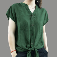 玖卡依冰絲雪紡衫短袖襯衫女夏季新款襯衣女寬松顯瘦蝴蝶結大碼女裝上衣 淺綠色 M 建議85-100斤