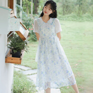 俞兆林 法式茶歇溫柔風(fēng)娃娃領(lǐng)碎花連衣裙2025夏季新款簡(jiǎn)約收腰顯瘦裙子 藍(lán)綠色 S _（90-100斤）