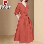 皮爾卡丹（pierre cardin）歐美名媛赫本簡約優(yōu)雅連衣裙2025夏季新款V領(lǐng)五分袖收腰顯瘦A字裙 西瓜紅 L