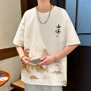 芊旻新中式短袖t恤男2025夏季新款國潮印花半袖衣服青少年冰絲寬松 8803黃色 M 建議90-110斤可穿