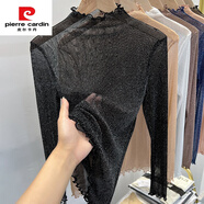 皮爾卡丹半高領(lǐng)亮絲網(wǎng)紗打底衫女薄款紗衣修身長(cháng)袖咖色內搭T透明蕾絲上衣 黑色銀絲 S