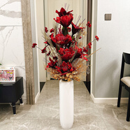 ZOCI客廳擺件輕奢高檔電視旁邊大件落地新款高檔家居歐式仿真花假花 絨布百合牡丹組合紅色+白仿瓷高