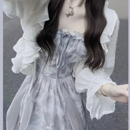 黛瓊2025夏季新款煙雨墨染灰色扎染吊帶連衣裙女清冷感仙女裙開衫兩件 煙雨墨染[套裝]綁帶開衫+灰色扎 S