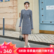 哥弟真的好（GIRDEAR）女裝氣質(zhì)優(yōu)雅圓領(lǐng)高腰花呢小香風(fēng)針織連衣裙A500284 藏藍(lán) M (3碼)