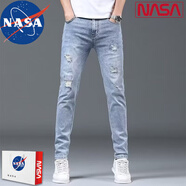 NASA BASE夏季破洞直筒牛仔褲男士寬松九分男時尚修身牛仔褲束腳休閑男潮牌 A97藍色 29 (100-110斤)