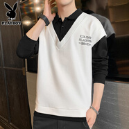 花花公子（PLAYBOY）男士衛(wèi)衣假兩件春秋季款襯衫領(lǐng)上衣服潮牌休閑長(zhǎng)袖t恤男T 1221白色【假兩件】 XL 【121-140斤】