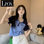 LPOX拼色百搭短袖polo領(lǐng)t恤女夏季美式復古韓版國潮牌短款高腰上衣ins 藍色 L _105-120斤