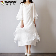 啄木鳥(niǎo)（TUCANO）雙層連衣裙夏仙女飄逸長(cháng)裙茶服女文藝復古禪意中國風(fēng)女裝改良漢服 白色 M