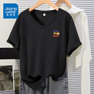 真維斯（JEANSWEST）純棉V領(lǐng)正肩短袖t恤夏季2025新款簡(jiǎn)約百搭半截袖上衣小個(gè)子體恤衫 黑色 三種情緒_K L