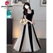 皮爾卡丹（pierre cardin）氛圍感方領(lǐng)短袖連衣裙2025夏季新款拼色網(wǎng)紗大擺長裙A字裙女 黑色連衣裙(高個(gè)子) (現(xiàn)貨速發(fā)) L 55/60kg