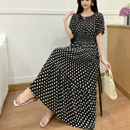 皮爾卡丹夏棉綢純色碎花裙波西米亞海邊度假連衣裙修身顯瘦一字領(lǐng)收腰長(cháng)裙 黑底波點(diǎn) 精美花朵款 2XL 建議121-130斤