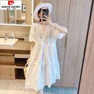 皮爾卡丹（pierre cardin）歐洲站2024夏韓版新款氣質(zhì)女神范收腰顯瘦仙女高端性感V領(lǐng)連衣裙 白色 XL 【115-130斤】
