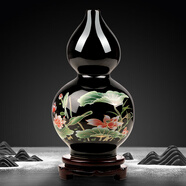 傲世景德鎮(zhèn)陶瓷器新中式花瓶工藝品客廳擺件酒柜玄關(guān)茶室博古架裝飾品 烏金釉清荷葫蘆瓶+底座