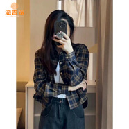 派吉鯊磨毛格子襯衫女短款外套春秋2025新款長袖上衣小個(gè)子開衫襯衣 藏青格子 S